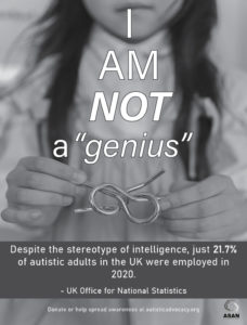 A young girl with long black hair holding a puzzle piece. Overlayed is the text "I am NOT a 'genius'", followed by a statistic.