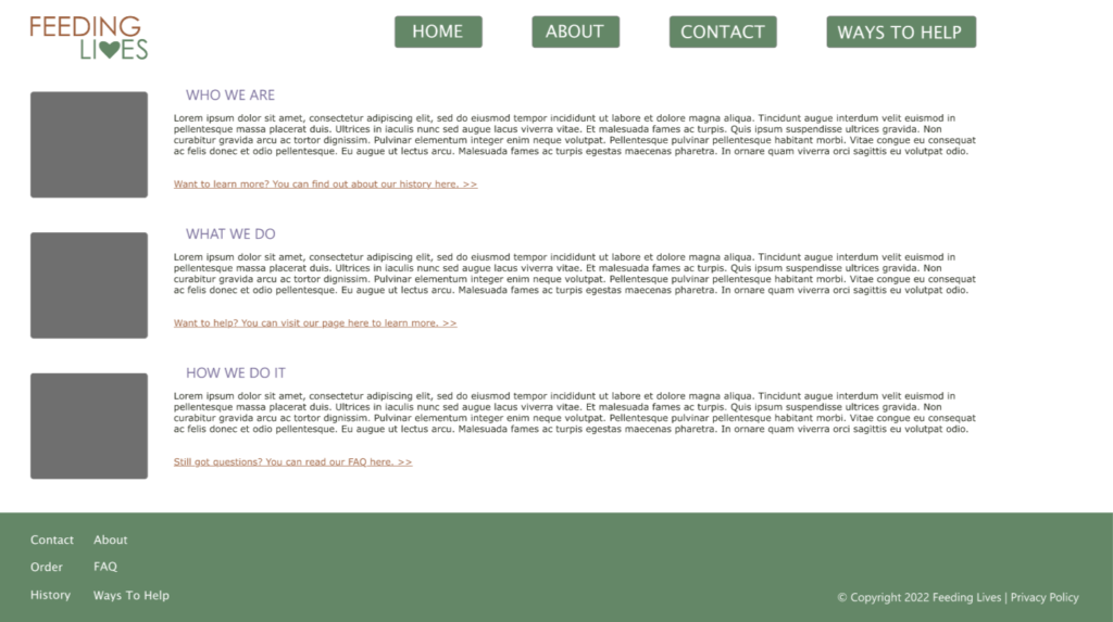A screenshot of a low-fidelity wireframe used for a fictional non-profit organization.