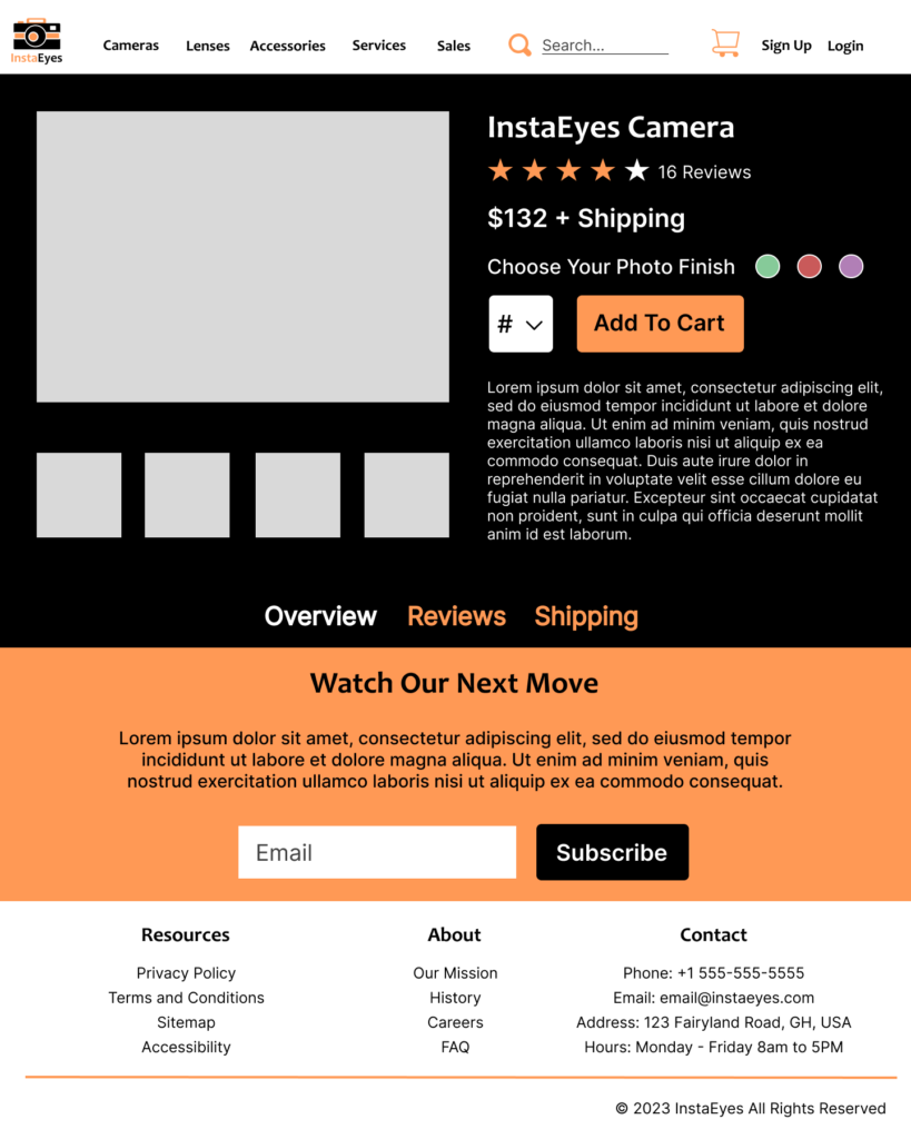 A screenshot of a medium-fidelity mockup of a webpage of a fake camera company.