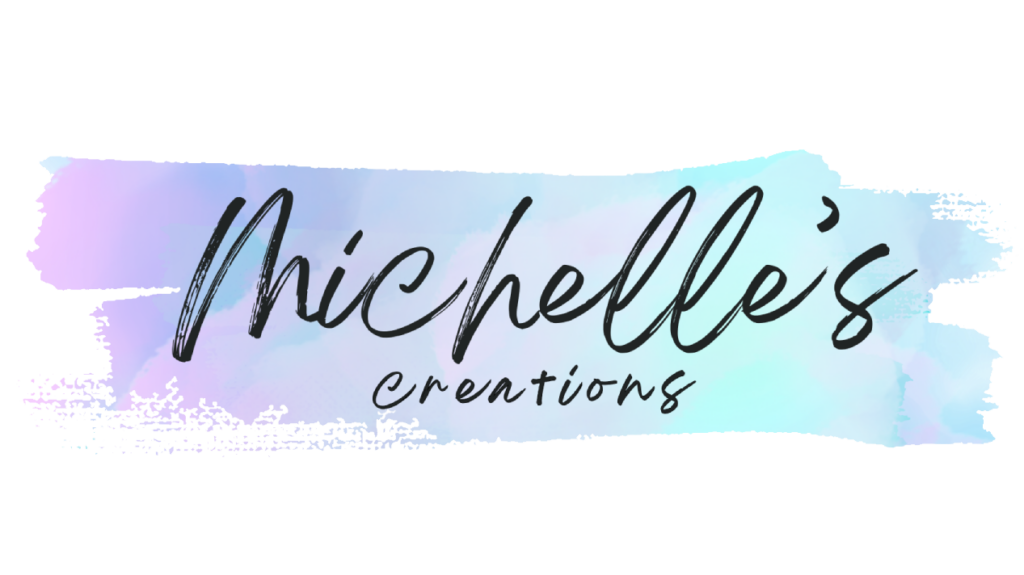 A logo that says "Michelle's Creations" in a fluid font with a watercolor background.