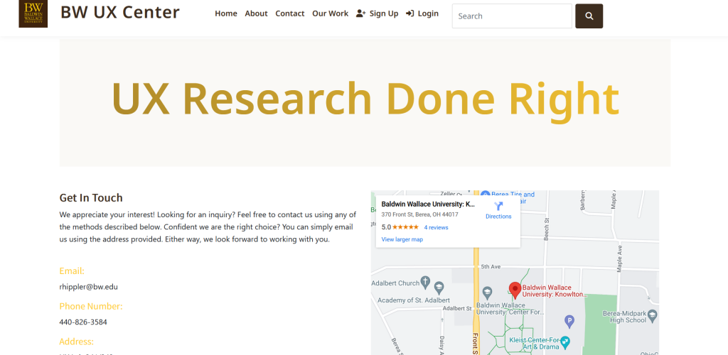 A screenshot of the BW UX Center contact page.